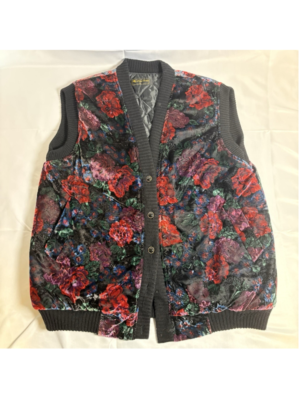 OverStar Women's L Multicolor Floral Quilted Whimsigoth Button Front Pocket Vest